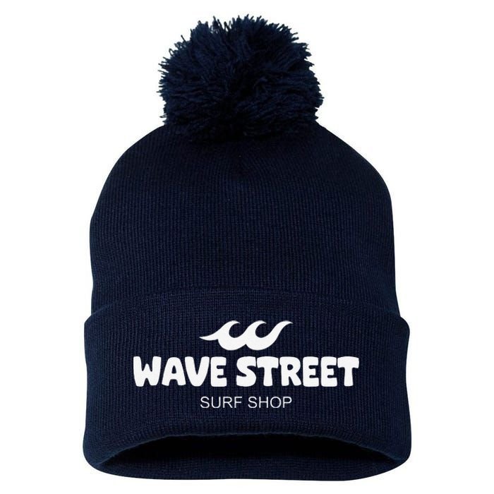 Wave Street Classic Waves On The Beach Surf Shop Graphic Pom Pom 12in Knit Beanie