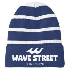 Wave Street Classic Waves On The Beach Surf Shop Graphic Striped Beanie with Solid Band