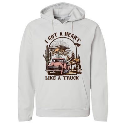 Western Sunset Cowgirl I Got A Heart Like A Truck Performance Fleece Hoodie