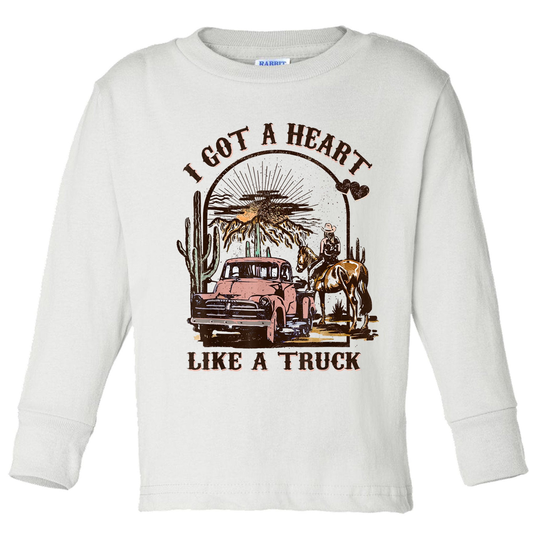 Western Sunset Cowgirl I Got A Heart Like A Truck Toddler Long Sleeve Shirt