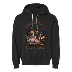 Western Sunset Cow I Got A Heart Like A Truck Garment-Dyed Fleece Hoodie