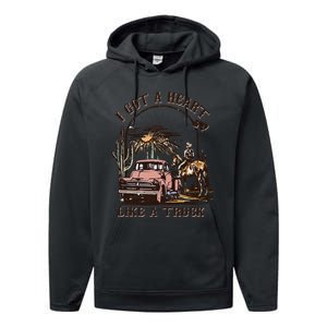 Western Sunset Cow I Got A Heart Like A Truck Performance Fleece Hoodie