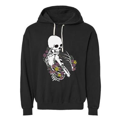 Whimsical Skeleton Cat with Floral Accents Garment-Dyed Fleece Hoodie