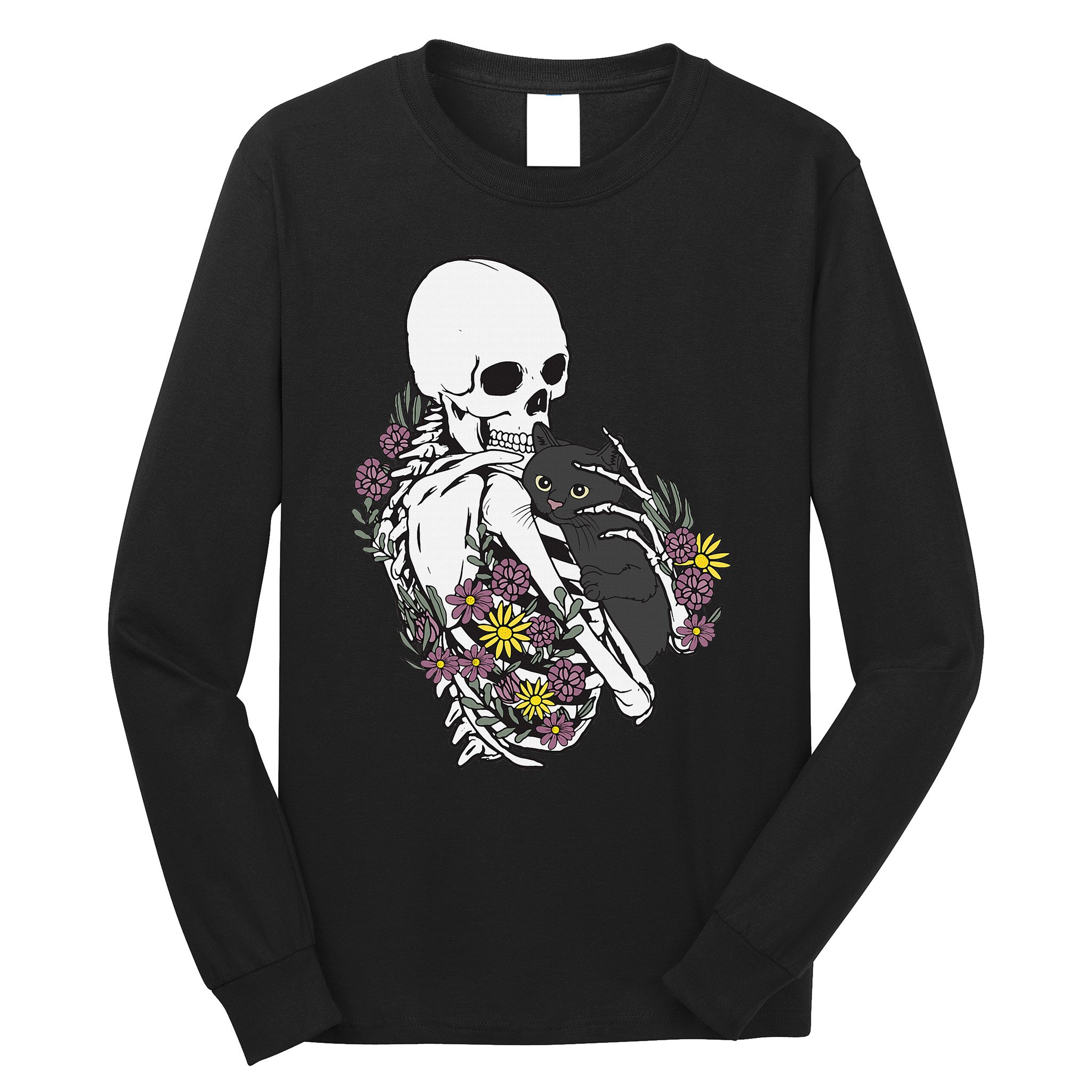 Whimsical Skeleton Cat with Floral Accents Long Sleeve Shirt