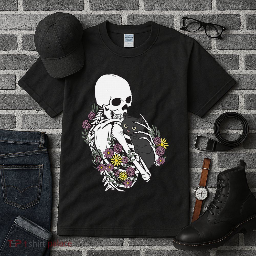 Whimsical Skeleton Cat with Floral Accents Tall T-Shirt