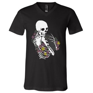 Whimsical Skeleton Cat with Floral Accents V-Neck T-Shirt