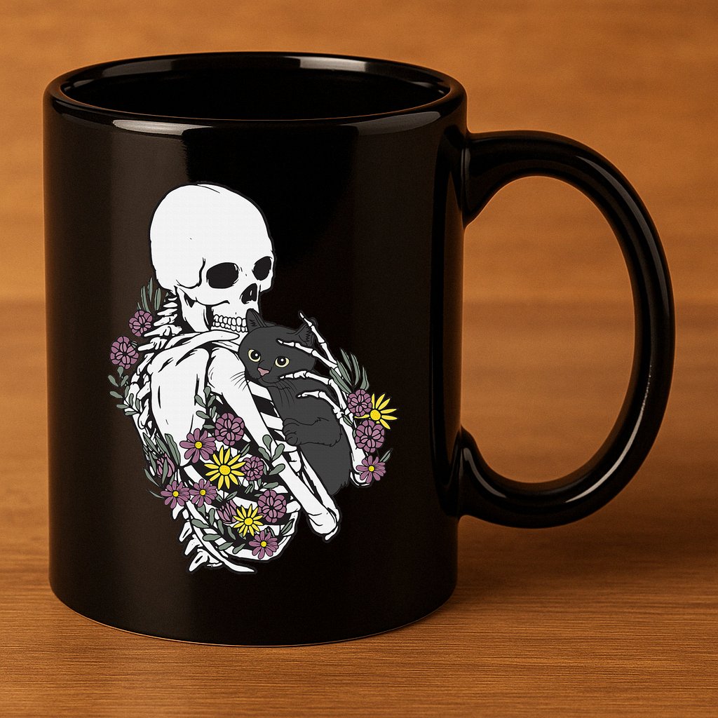 Whimsical Skeleton Cat with Floral Accents 11oz C Handle Ceramic Mug