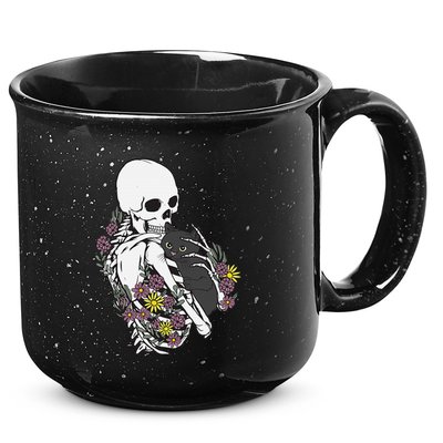 Whimsical Skeleton Cat with Floral Accents 15oz Campfire Ceramic Mug