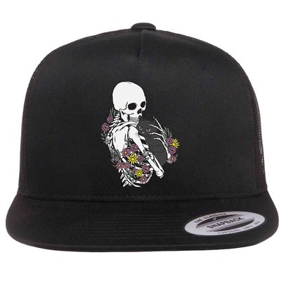 Whimsical Skeleton Cat with Floral Accents Flatbill Hat