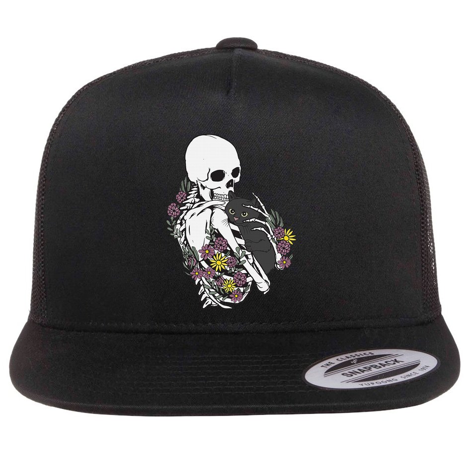 Whimsical Skeleton Cat with Floral Accents Flat Bill Trucker Hat