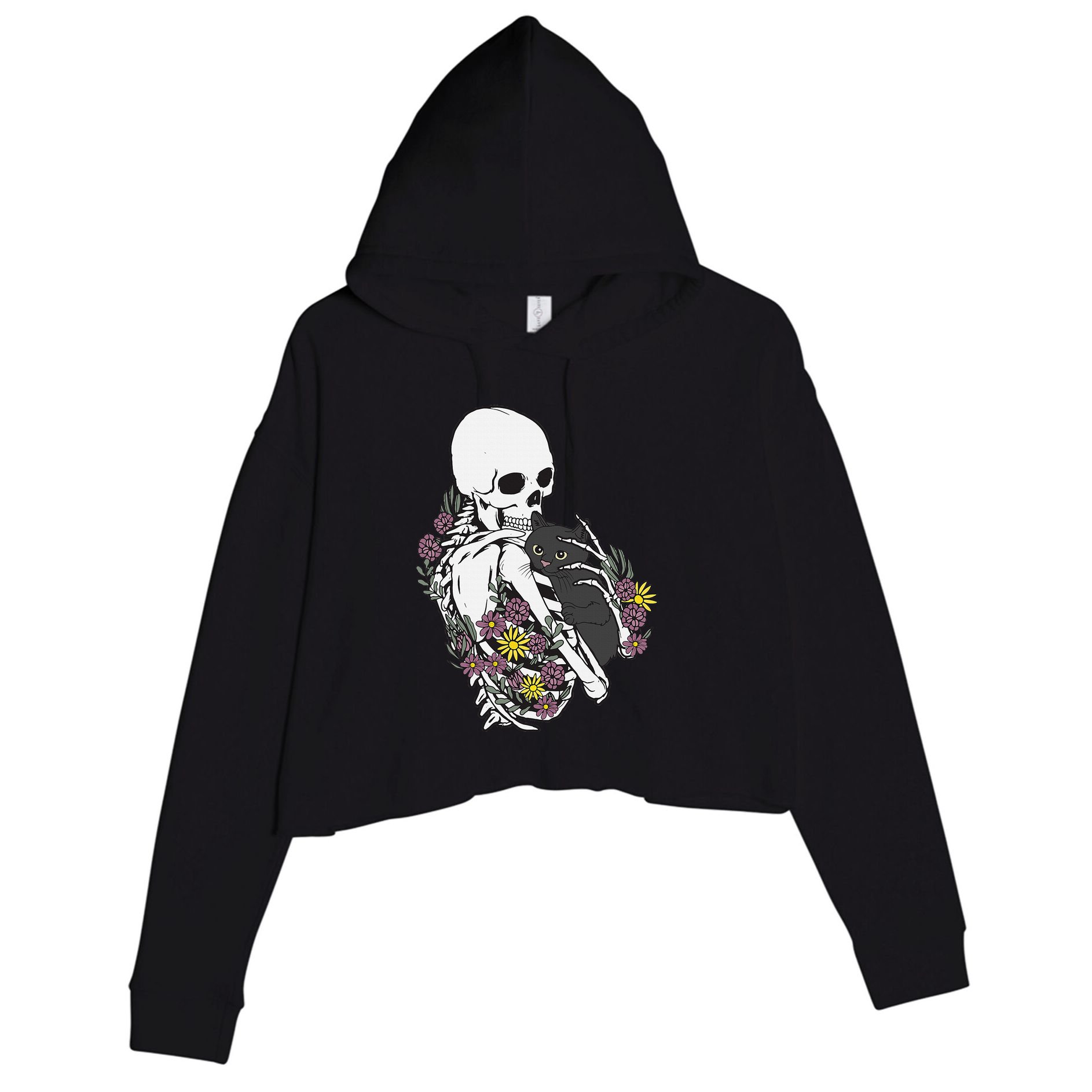 Whimsical Skeleton Cat with Floral Accents Crop Fleece Hoodie