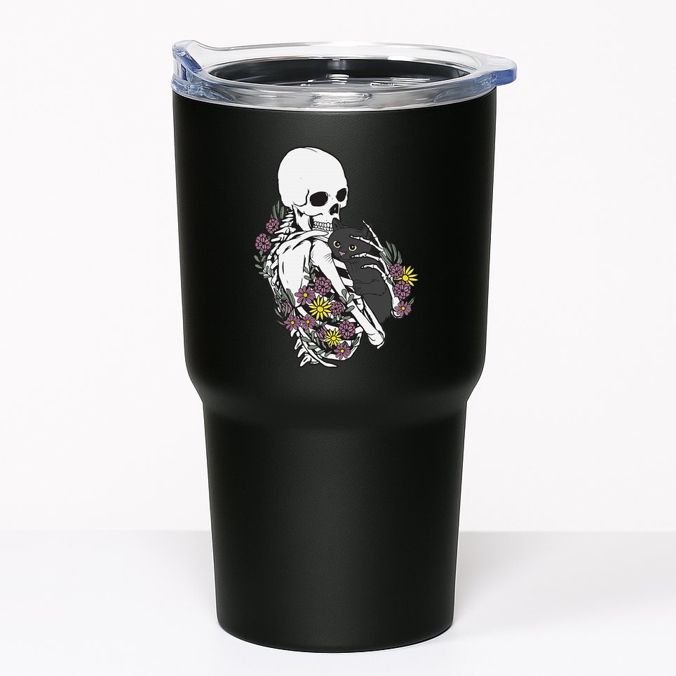 Whimsical Skeleton Cat with Floral Accents Tumbler
