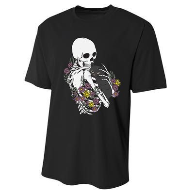 Whimsical Skeleton Cat with Floral Accents Performance Sprint T-Shirt