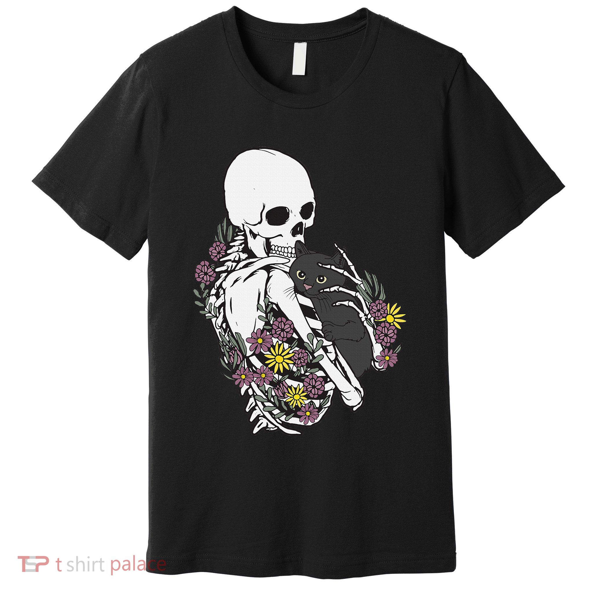 Whimsical Skeleton Cat with Floral Accents Premium T-Shirt