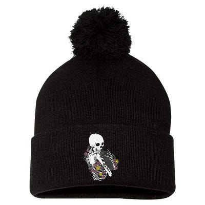 Whimsical Skeleton Cat with Floral Accents Pom Pom 12in Knit Beanie