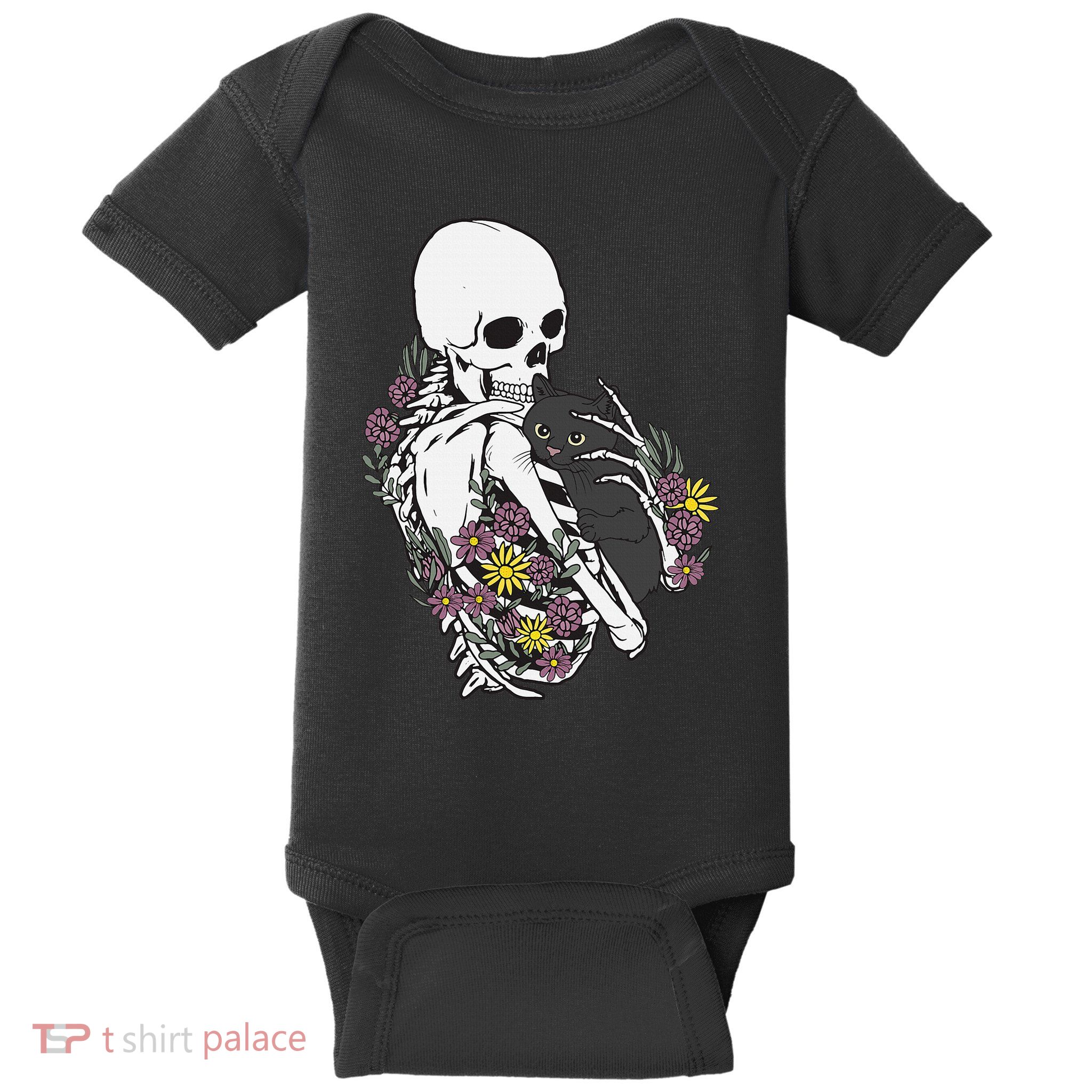 Whimsical Skeleton Cat with Floral Accents Baby Bodysuit