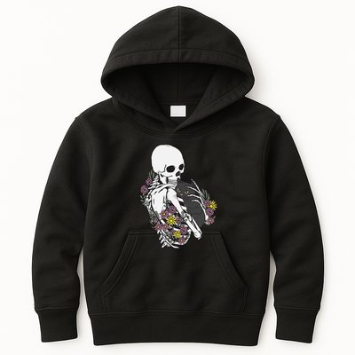 Whimsical Skeleton Cat with Floral Accents Kids Hoodie