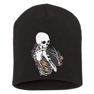 Whimsical Skeleton Cat with Floral Accents Short Acrylic Beanie