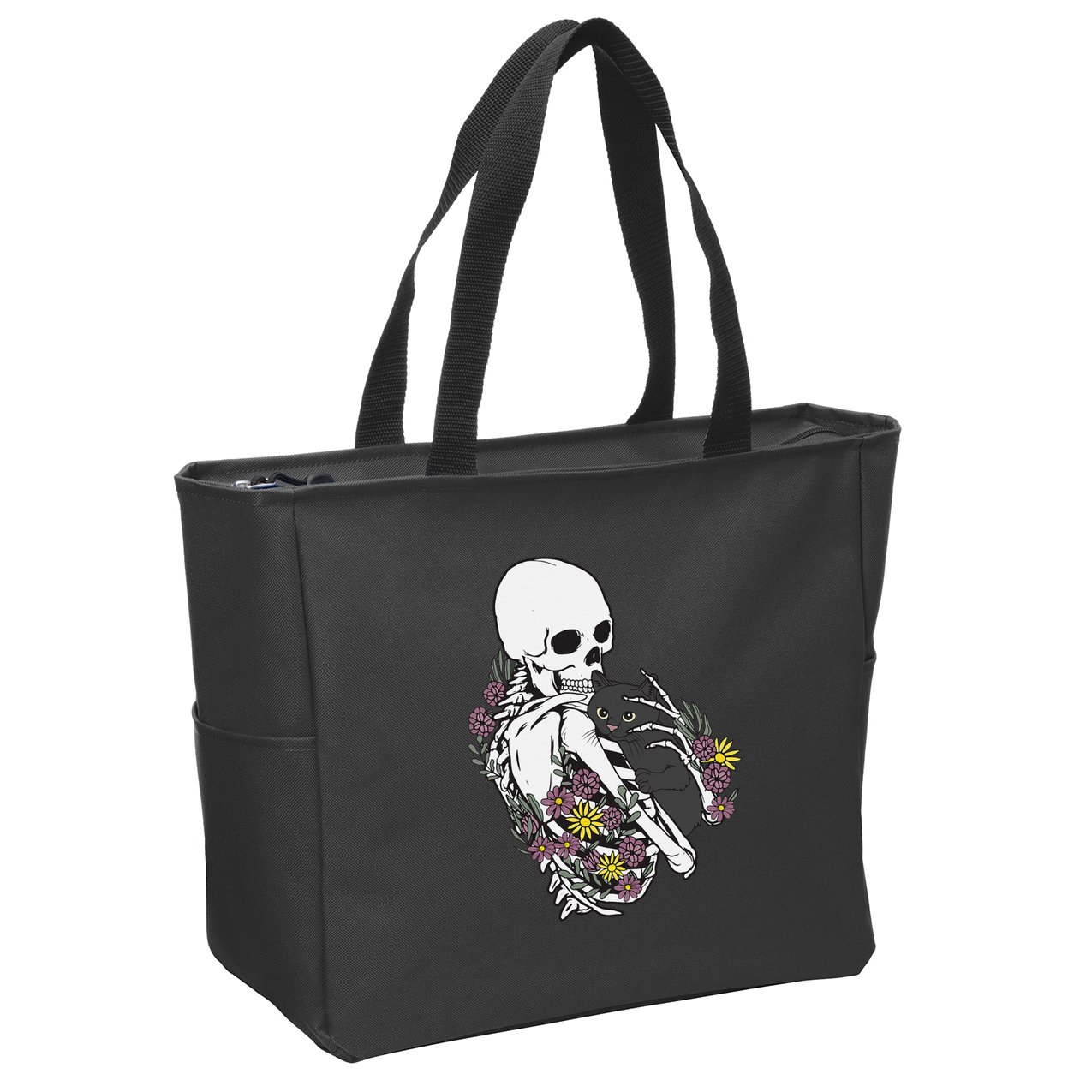Whimsical Skeleton Cat with Floral Accents Zip Tote Bag