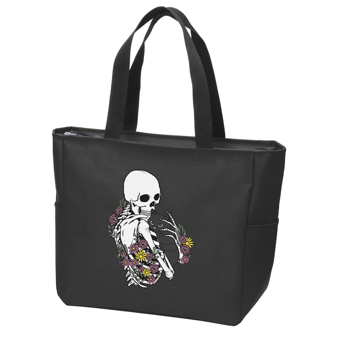 Whimsical Skeleton Cat with Floral Accents Zip Tote Bag