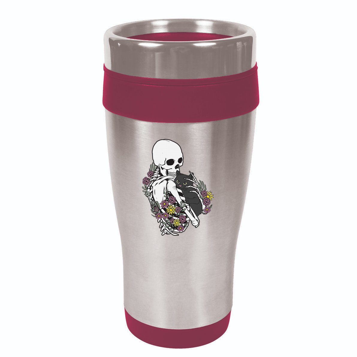 Whimsical Skeleton Cat with Floral Accents 16oz Travel Tumbler