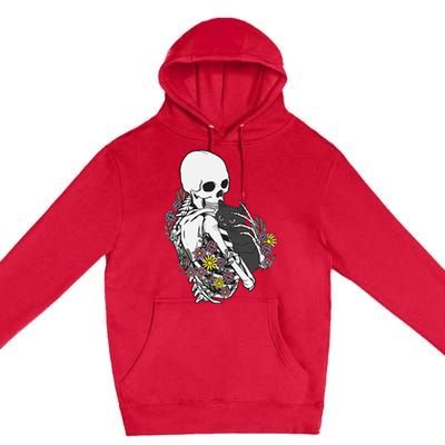 Whimsical Skeleton Cat with Floral Accents Premium Pullover Hoodie