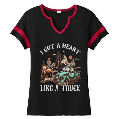 Western Sunset Cow I Got A Heart Like A Truck Vintage Ladies Halftime Notch Neck Tee