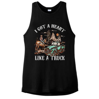 Western Sunset Cow I Got A Heart Like A Truck Vintage Ladies PosiCharge Tri-Blend Wicking Tank