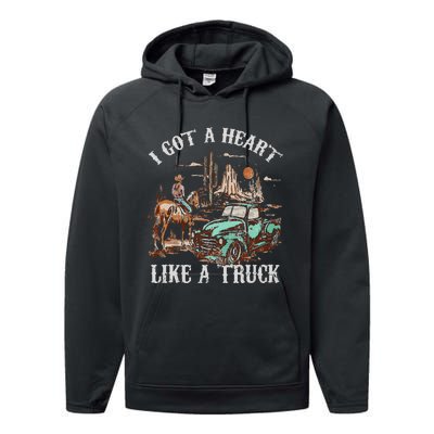 Western Sunset Cow I Got A Heart Like A Truck Vintage Performance Fleece Hoodie