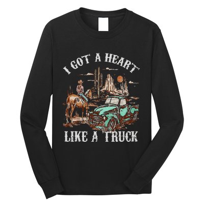 Western Sunset Cow I Got A Heart Like A Truck Vintage Long Sleeve Shirt