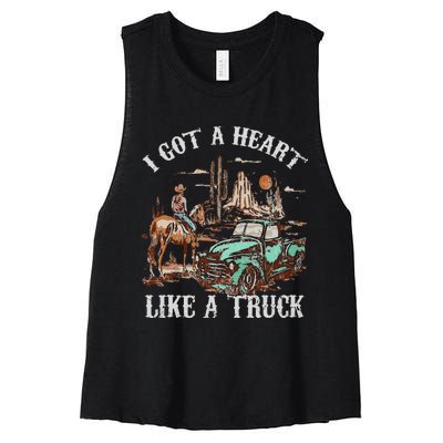 Western Sunset Cow I Got A Heart Like A Truck Vintage Women's Racerback Cropped Tank