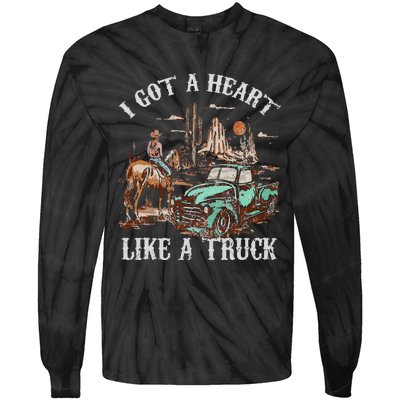 Western Sunset Cow I Got A Heart Like A Truck Vintage Tie-Dye Long Sleeve Shirt