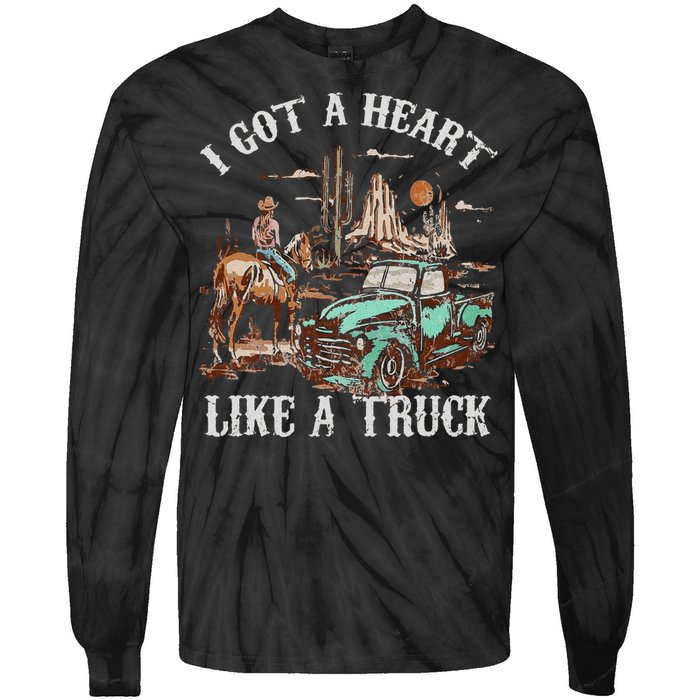 Western Sunset Cow I Got A Heart Like A Truck Vintage Tie-Dye Long Sleeve Shirt