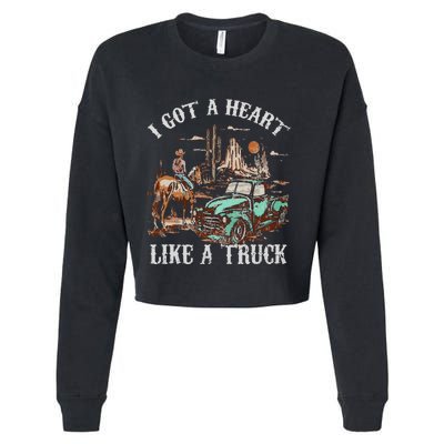 Western Sunset Cow I Got A Heart Like A Truck Vintage Cropped Pullover Crew