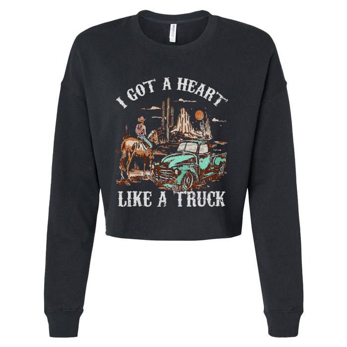 Western Sunset Cow I Got A Heart Like A Truck Vintage Cropped Pullover Crew