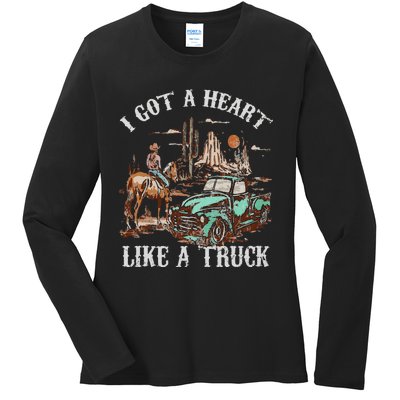 Western Sunset Cow I Got A Heart Like A Truck Vintage Ladies Long Sleeve Shirt