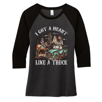 Western Sunset Cow I Got A Heart Like A Truck Vintage Women's Tri-Blend 3/4-Sleeve Raglan Shirt