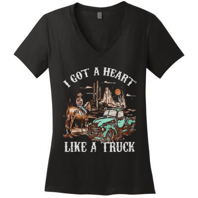 Western Sunset Cow I Got A Heart Like A Truck Vintage Women's V-Neck T-Shirt