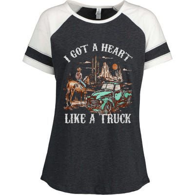 Western Sunset Cow I Got A Heart Like A Truck Vintage Enza Ladies Jersey Colorblock Tee