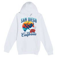 Womens San Diego California Beach Surf Summer Vacation Vintage Premium Pullover Hoodie