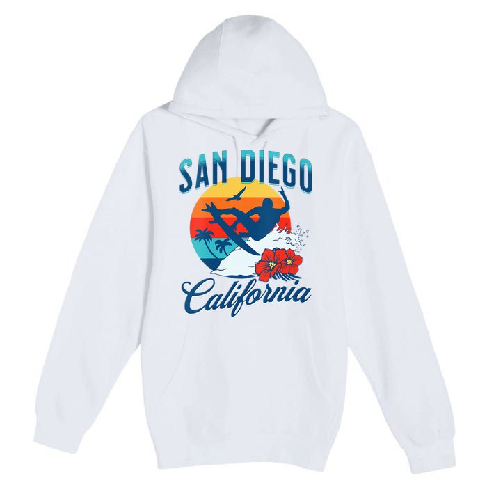 Womens San Diego California Beach Surf Summer Vacation Vintage Premium Pullover Hoodie