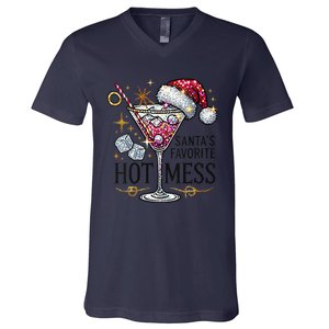 Women Santas Favorite Hot Mess Funny Margarita Gift V-Neck T-Shirt