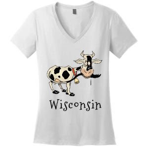 Wisconsin Silly Funny Whimsy Dairy Cow Farm Holstein Women's V-Neck T-Shirt