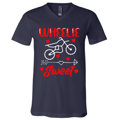 Wheelie Sweet Funny Valentine's Day Heart Dirt Bike Biking V-Neck T-Shirt