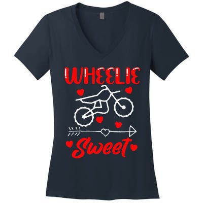 Wheelie Sweet Funny Valentine's Day Heart Dirt Bike Biking Women's V-Neck T-Shirt