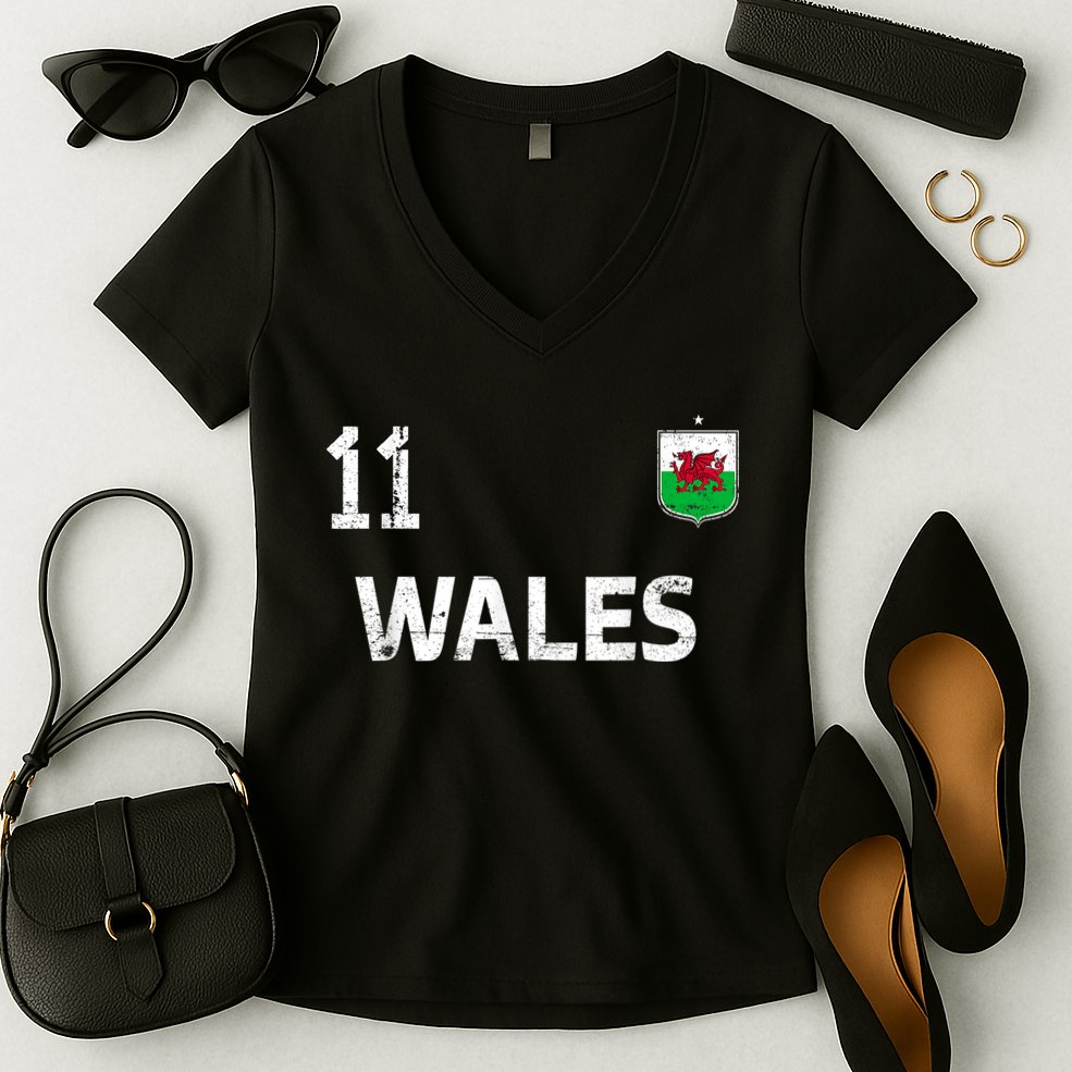 Wales Soccer Fans Jersey Welsh Flag Football Lovers Women's V-Neck T-Shirt