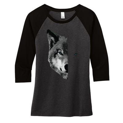 Wolf Split Face Wolf Magical Wolves Tee Women's Tri-Blend 3/4-Sleeve Raglan Shirt