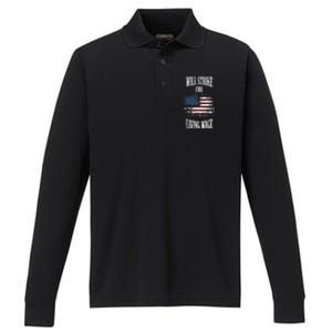 Will Strike For Living Wage Union Labor Teamster USA Flag Performance Long Sleeve Polo