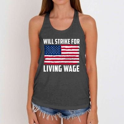 Will Strike For Living Wage Union Labor Teamster USA Flag Women's Knotted Racerback Tank