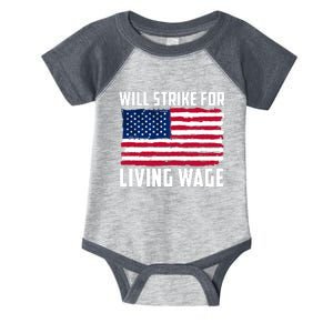 Will Strike For Living Wage Union Labor Teamster USA Flag Infant Baby Jersey Bodysuit